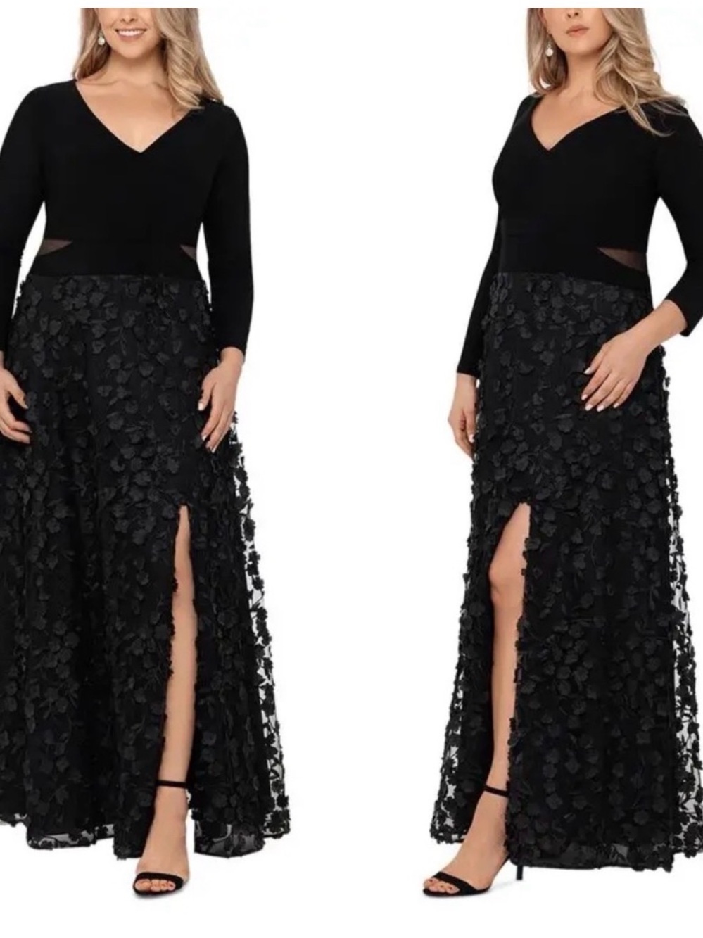 XSCAPE Black Floral 3D Applique Evening Gown Formal Long Sleeve Maxi Dress 22W